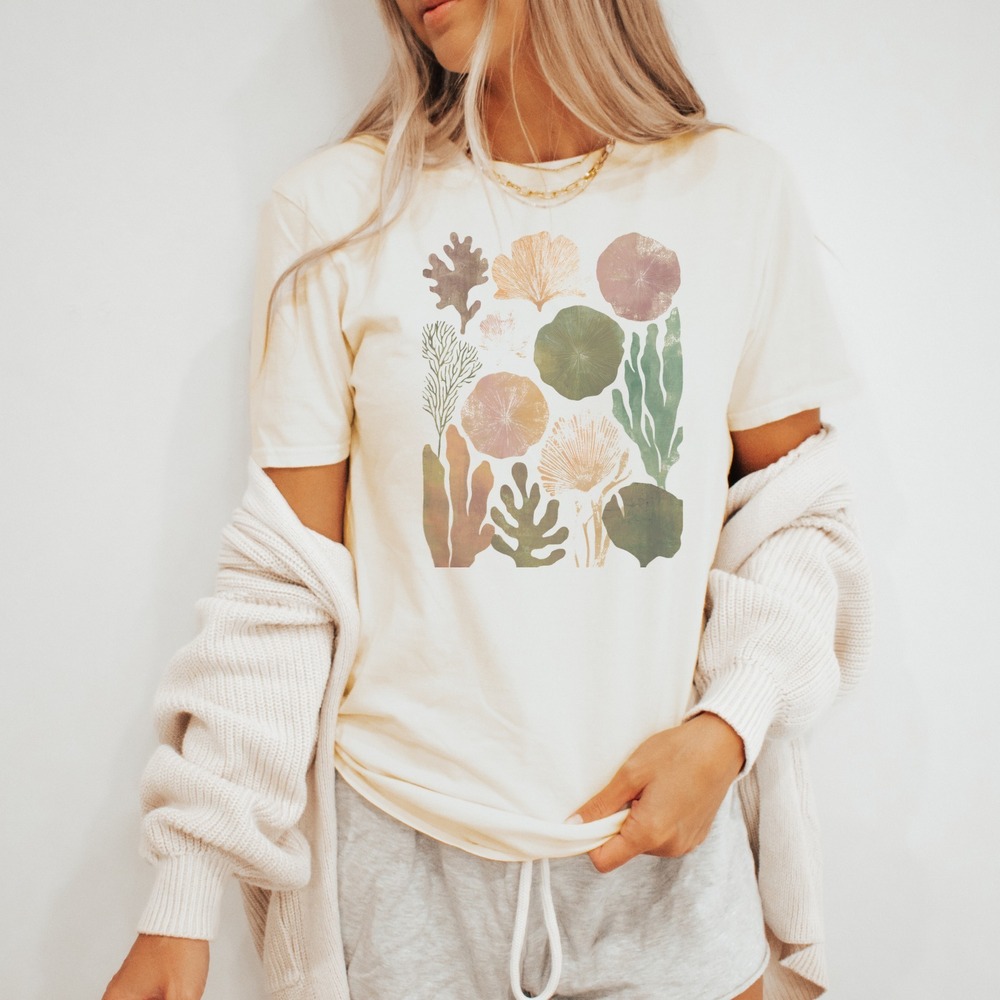 Botanical Marine Life Graphic Tee Natural Watercolor Illustration
